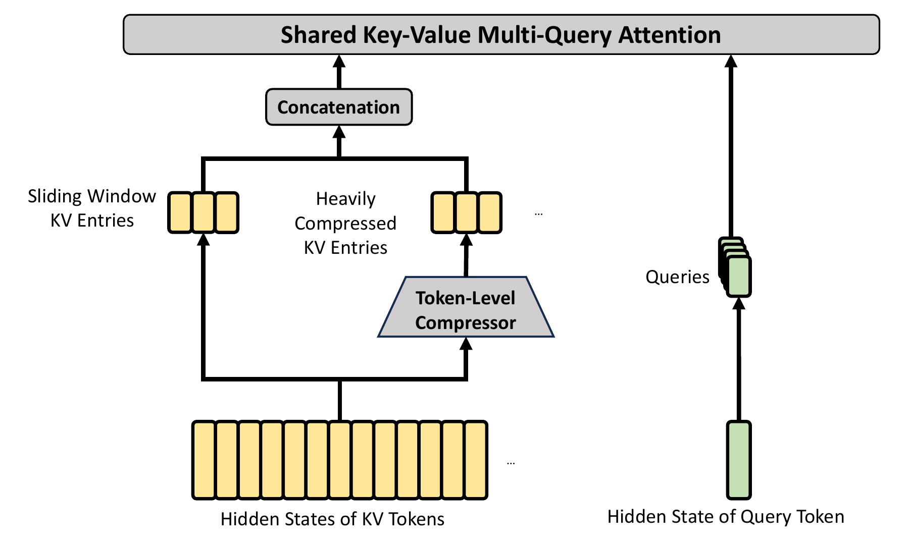 HCA architecture: hidden states of KV tokens pass through a token-level compressor into heavily compressed KV entries, which are concatenated with sliding window KV entries and attended densely by shared key-value multi-query attention, with no selection step